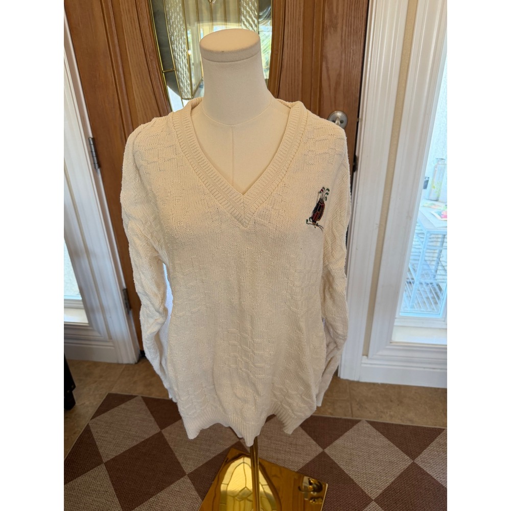 Scottish Isle by Benette Vintage Golf Sweater Cream Cotton V-Neck Women Small